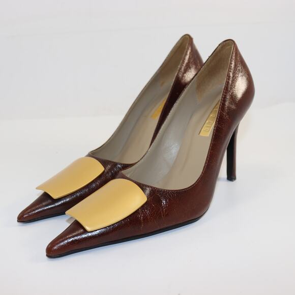 Lenny e Cia Brown Leather Gold Accent Heels Size 6.5 - Picture 2 of 6